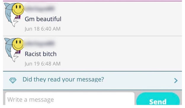 First message says "good morning beautiful" followed by "racist bitch" with no context