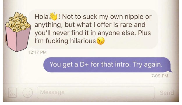 A message reading, &quot;Hola! Not to suck my own nipple of anything but what I offer is rare and you&#x27;ll never find it in anyone else. Plus I&#x27;m fucking hilarious&quot; with a winky face. The responding message reads, &quot;You get a D+ for that intro. Try again&quot;
