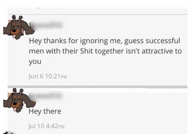 An angry message reading, &quot;Hey thanks for ignoring me, guess successful men with their shit together isn&#x27;t attractive to you&quot; followed by the same person saying &quot;Hey there&quot;