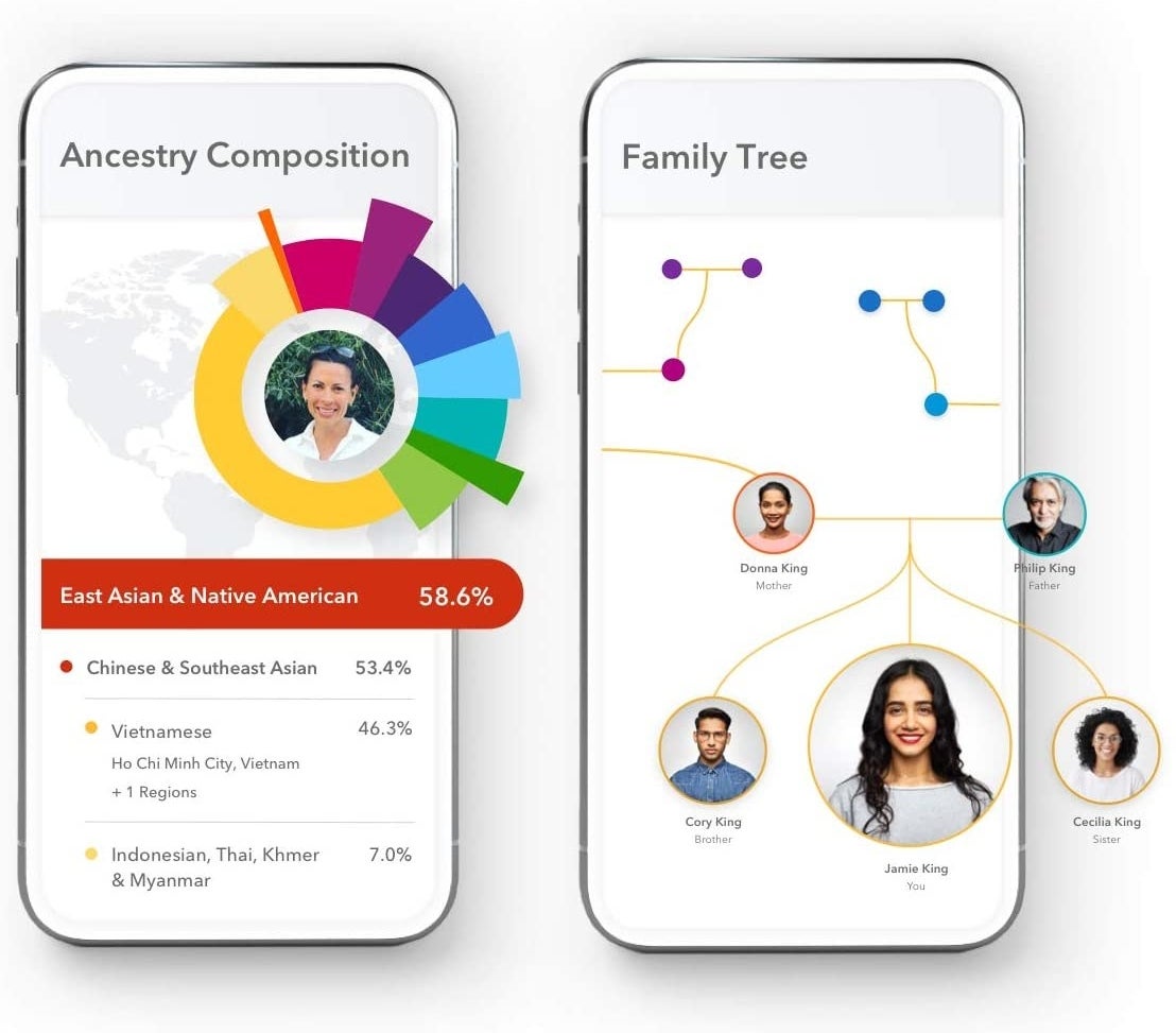 A phone screen showing a genetic breakdown of someone&#x27;s DNA and another phone screen showing a family tree