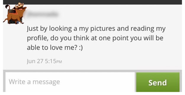 A message reading, &quot;Just by looking at my pictures and reading my profile, do you think at one point you will be able to love me?&quot; with a smiley face