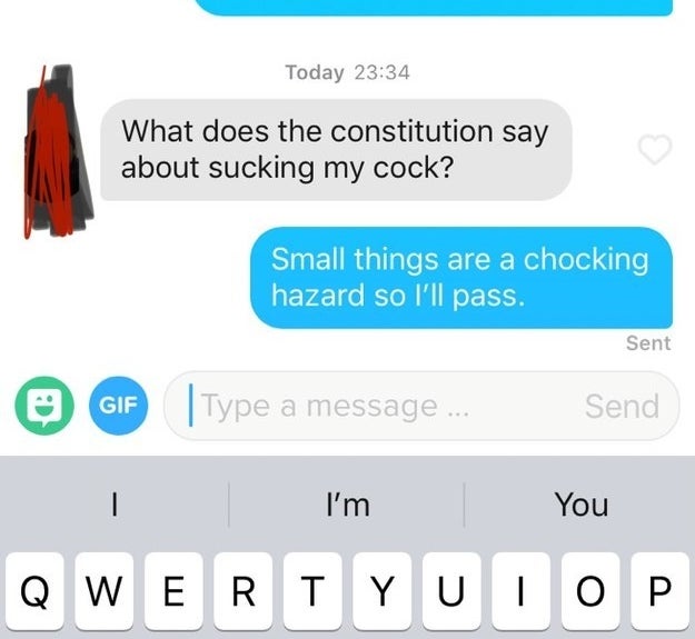 A guy asks, "What does the constitution say about sucking my cock?" and the recipient responds saying small things are a choking hazard
