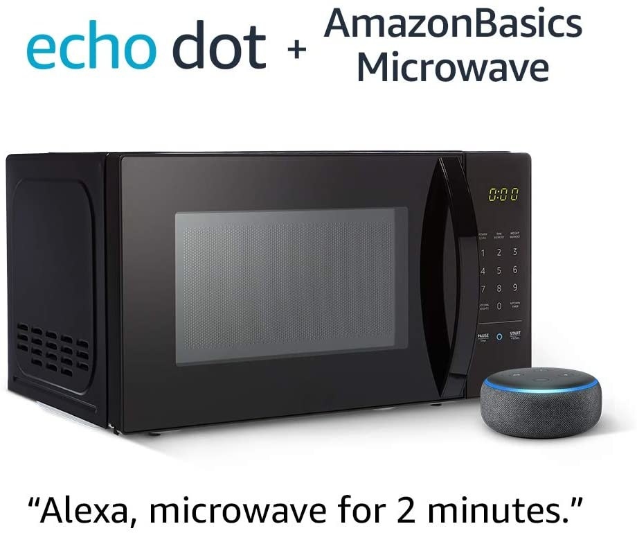 The black microwave next to the charcoal Echo Dot 