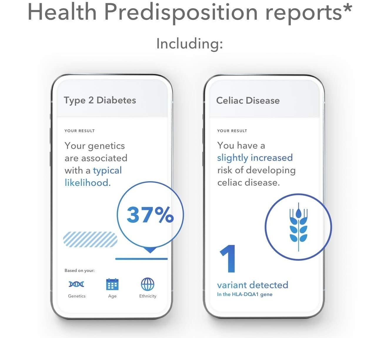 Two phone screens showing two different health conditions that a DNA test detected