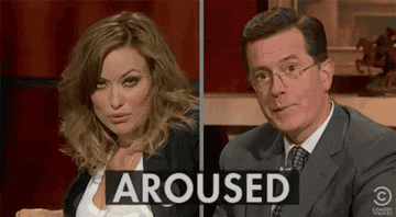 Olivia Wilde and Stephen Colbert acting aroused