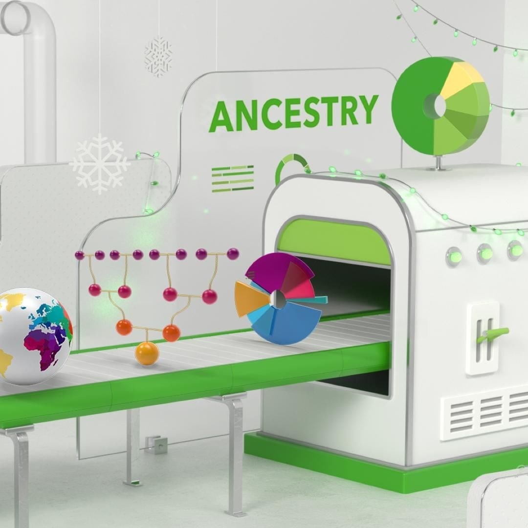 An illustration of a factory conveyer belt with a little globe, a DNA sequence, and a circle graph on the belt