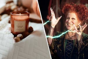 Winnifred from Hocus Pocus casting a spell on a pumpkin scented candle