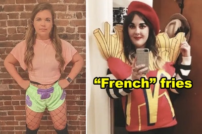 Side-by-side of someone dressed as a sexy Patrick from "SpongeBob" and another dressed as McDonald's fries while wearing a French barrette