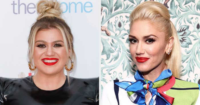 Kelly Clarkson smiling and Gwen Stefani grinning