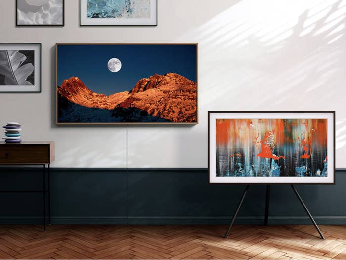 Samsung television hung up on a wall to look like artwork 