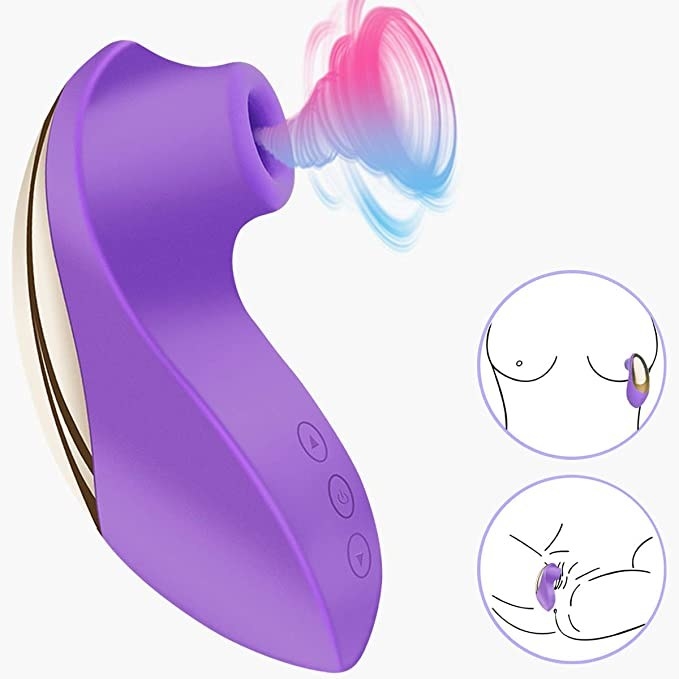 The BOMBEX Clitoral Sucking Vibrator and two diagrams showing it sucking on a nipple and a clitoris 
