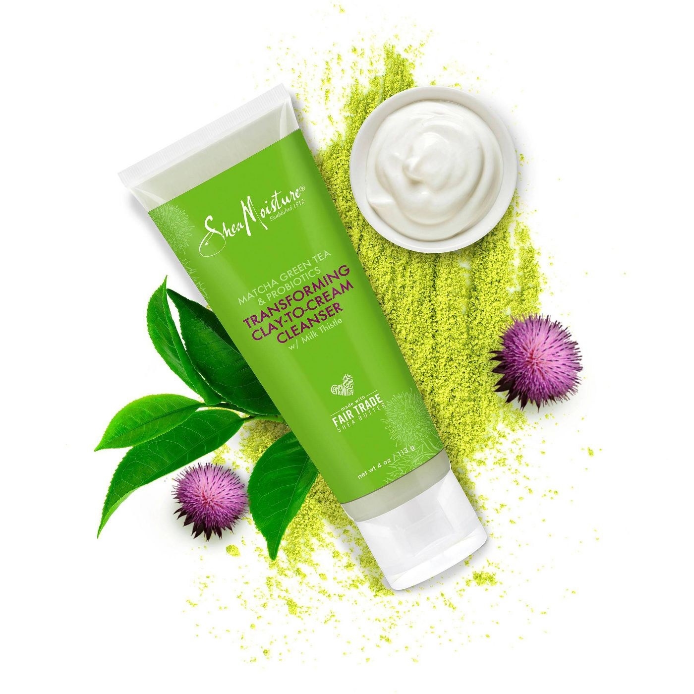Green bottle of clay to cream cleanser with purple writing
