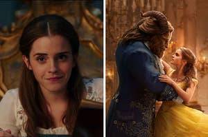 An image of Belle smirking next to an image of Belle and the Beast dancing in the ballroom