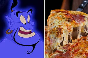 Genie from Aladdin on the left, and a slice of cheesy pizze on the right