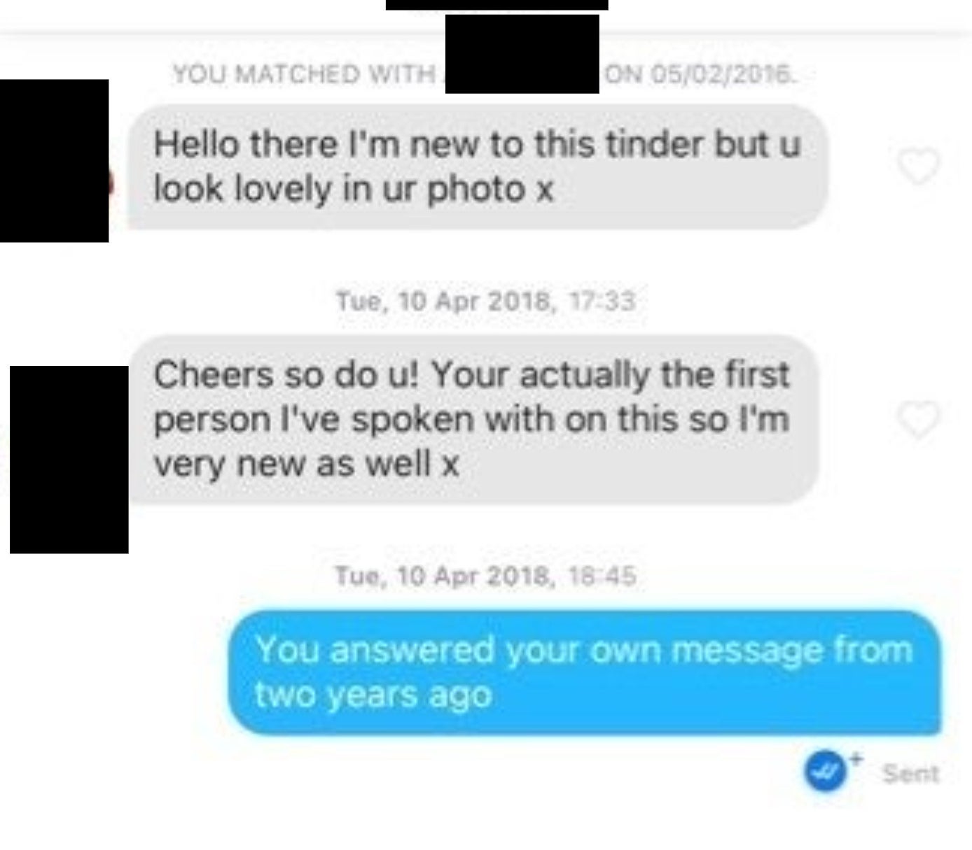 A guy answering his own tinder messages from two years ago