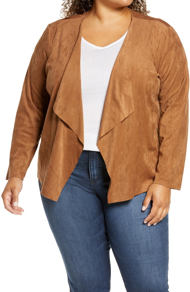 model wearing the caramel jacket