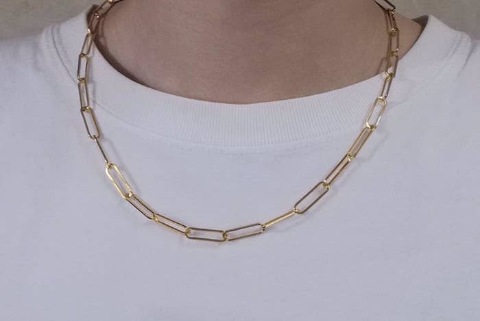 Reviewer wearing the gold link chain necklace