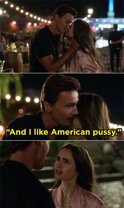 Emily kissing a guy and then he whispers to her, &quot;I like American pussy&quot;