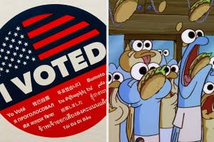 Side-by-side images of an "I Voted" sticker and hungry anchovies from "SpongeBob SquarePants"