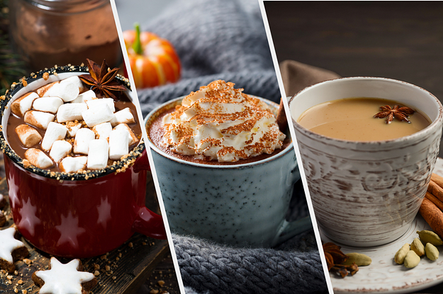 On the left, a mug of hot chocolate with marshmallows, in the middle, a pumpkin spice latte topped with whipped cream and cinnamon, and on the right, a chai latte