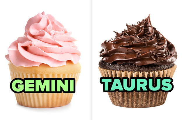 A vanilla cupcake with pink frosting on it on the left with gemini written under it and a chocolate cupcake with taurus written under it on the right