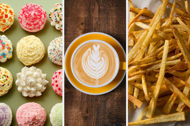 On the left, various cupcakes with frosting and sprinkles, in the middle, a latte, and on the right, a pile of fries