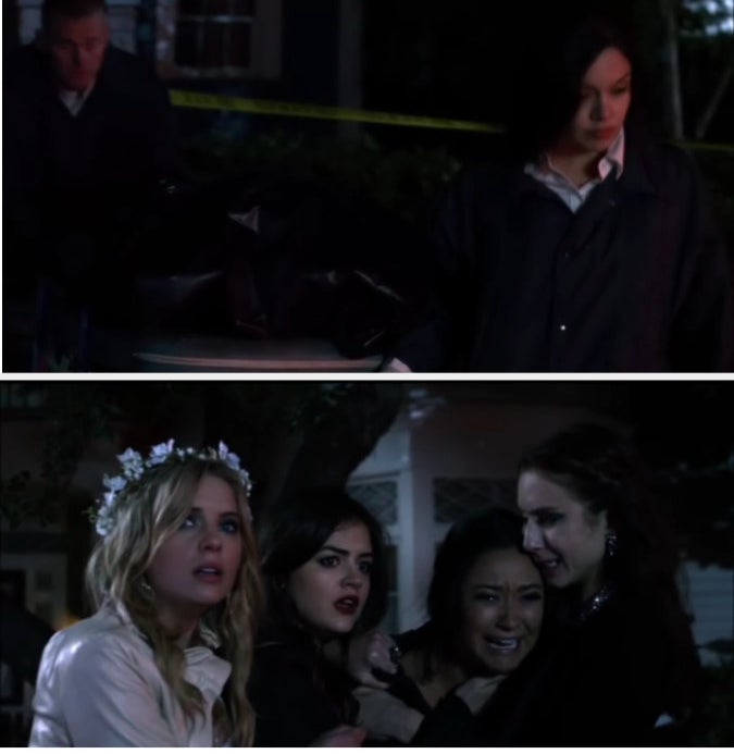 Emily, Spencer, Aria, and Hanna crying as the police bring out Maya&#x27;s dead body.
