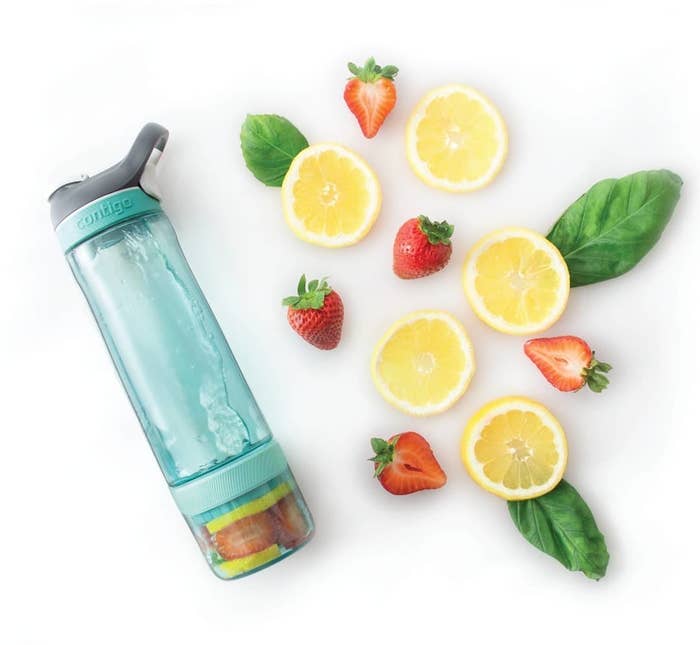 The water bottle with a section for fruit at the bottom