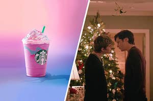 Simon and Cal about to kiss next to a unicorn frap