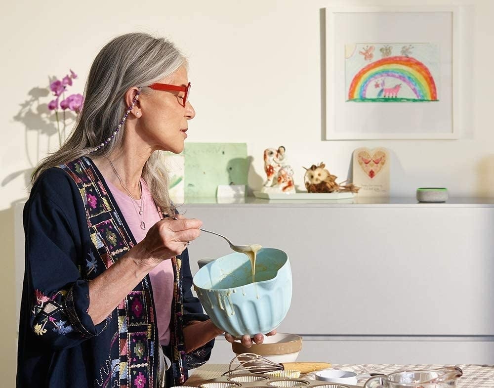 A smart speaker in a kitchen