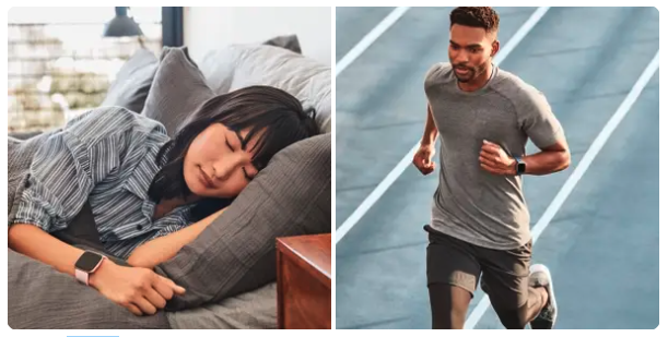 A woman sleeping with her fitbit on and a man going for a run with his Fitbit