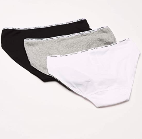 three-pack of black, gray, and white Calvin Klein bikini underwear