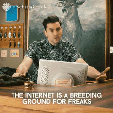 David standing in front of the computer at the front desk of the motel saying &quot;The internet is a breeding ground for freaks&quot;