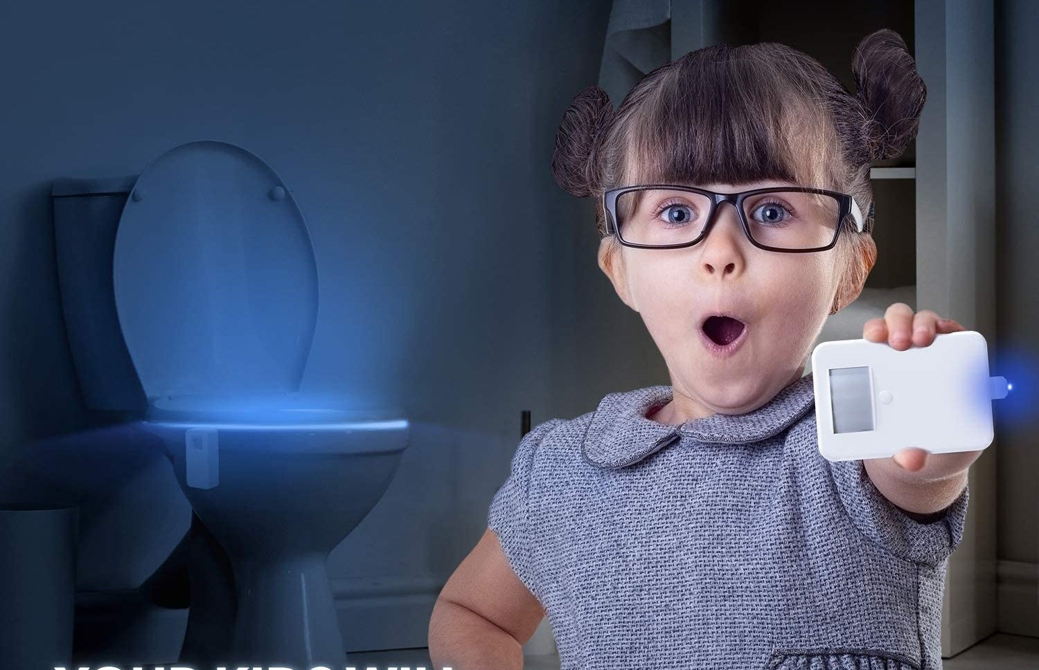 Child model holding toilet light in their hand as blue light glows from toilet 