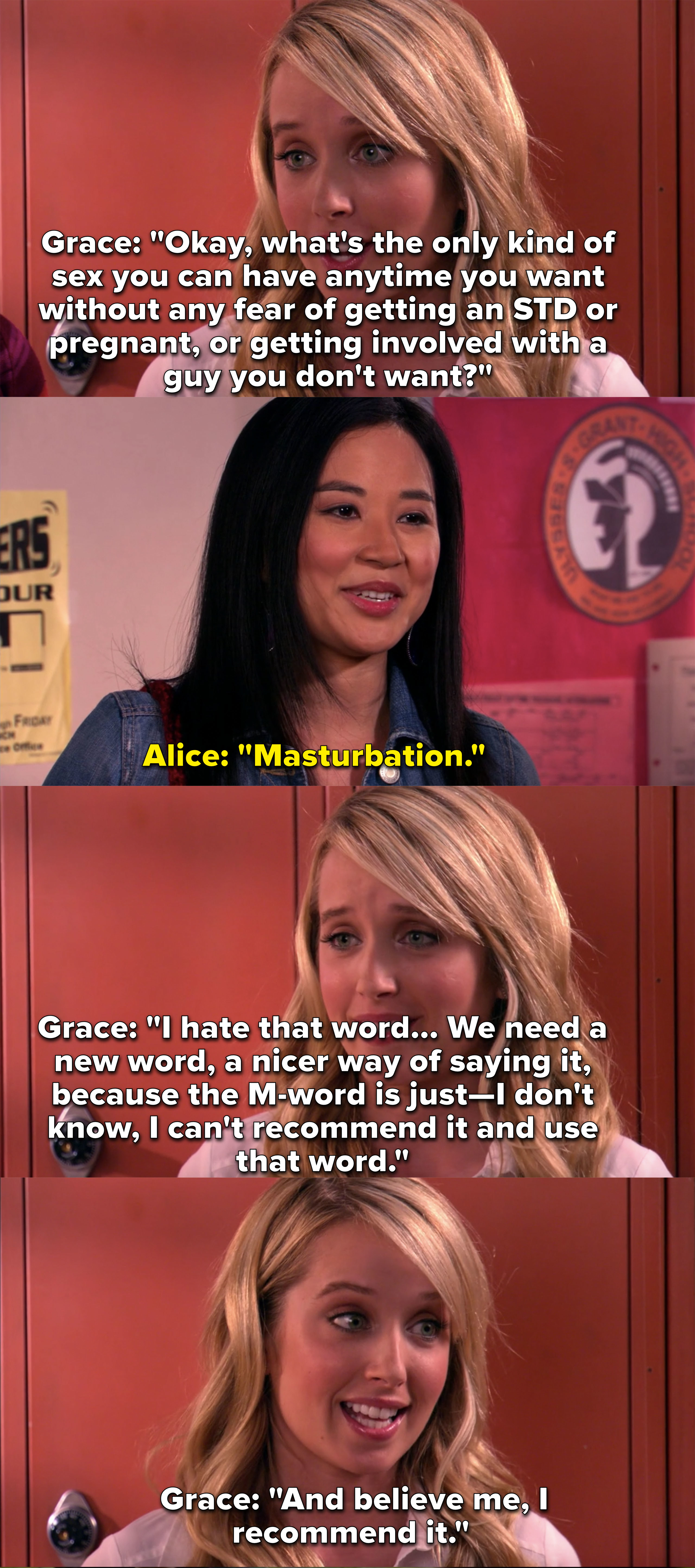 Grace says she recommends masturbation but wants to call it something else because it sounds too icky