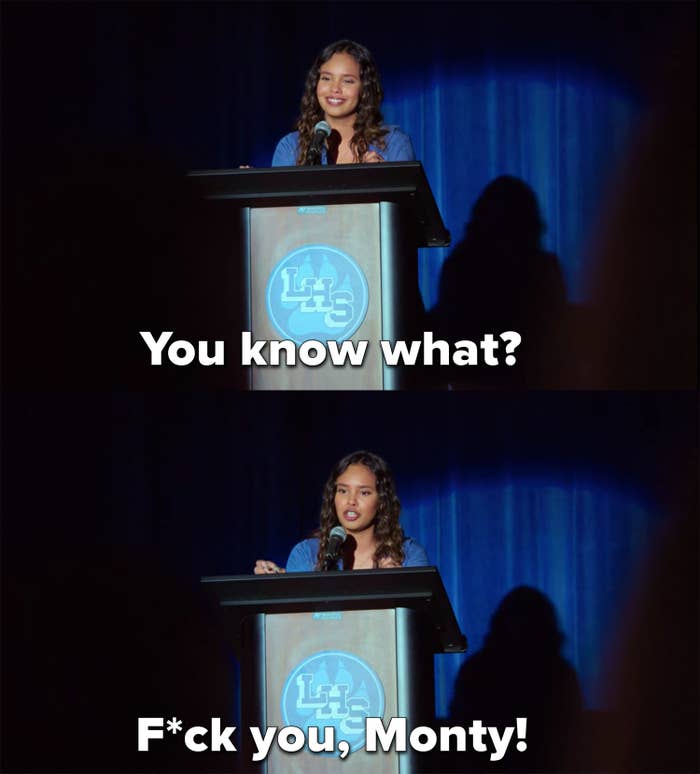 Jessica tells Monty, "F*ck you" during her campaign speech
