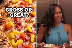 Pineapple pizza next to a woman with long curly hair whose face is scrunched up