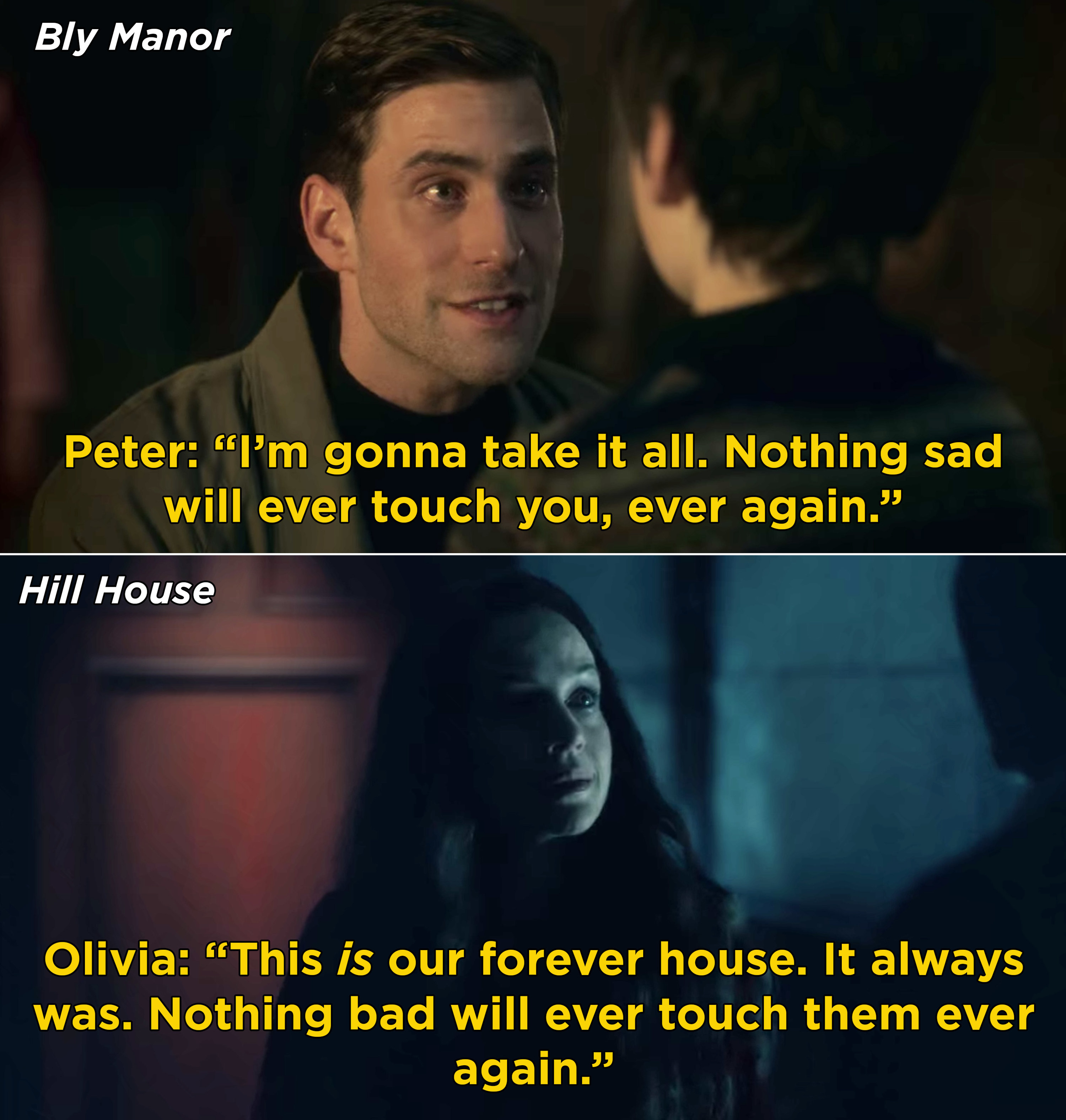 彼得告诉奈尔斯,“没有悲伤永远不会碰你,曾经again"和奥利维亚说“没有坏会摸他们曾经again"