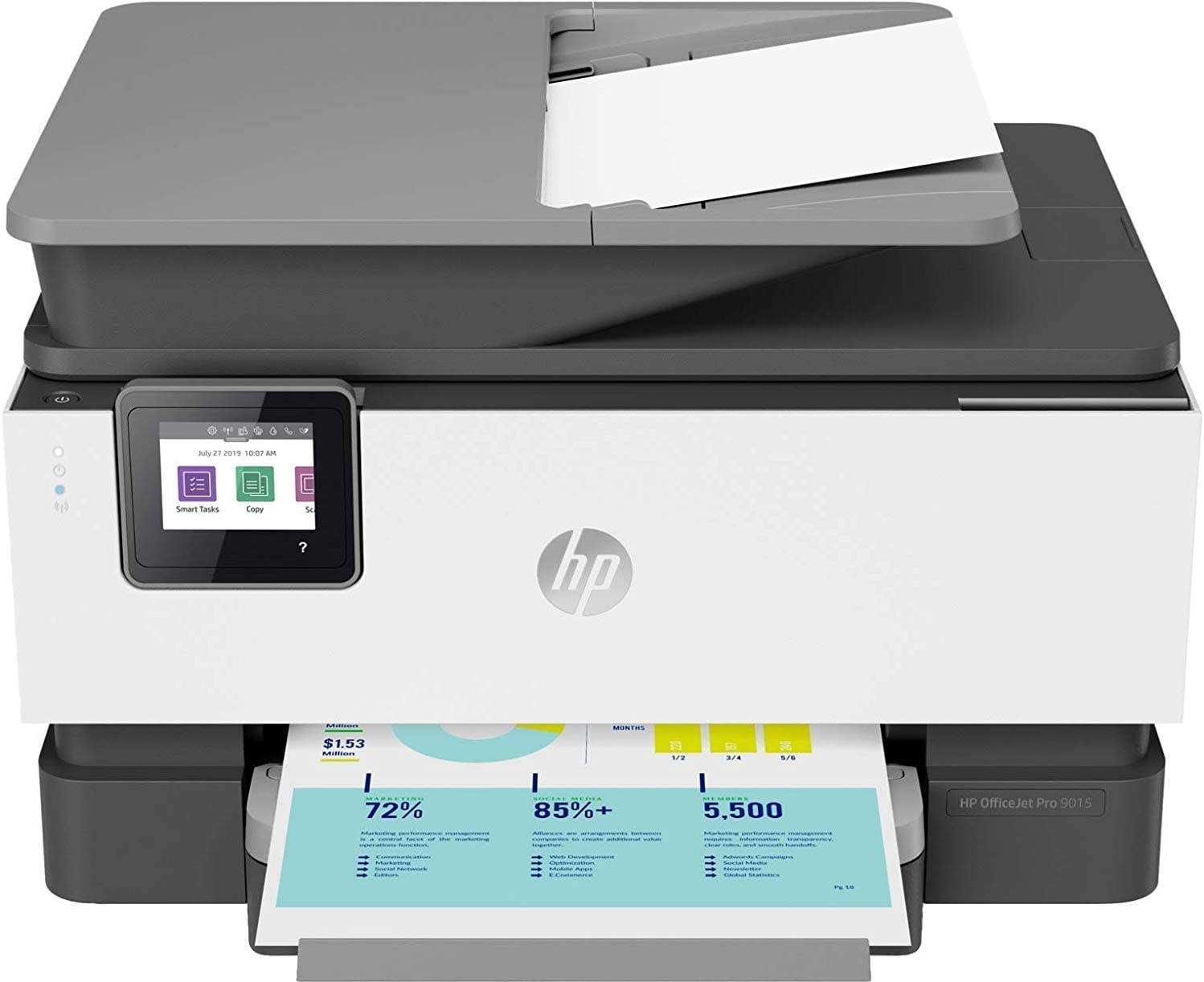 A larger printer with a paper feeder attachment on top