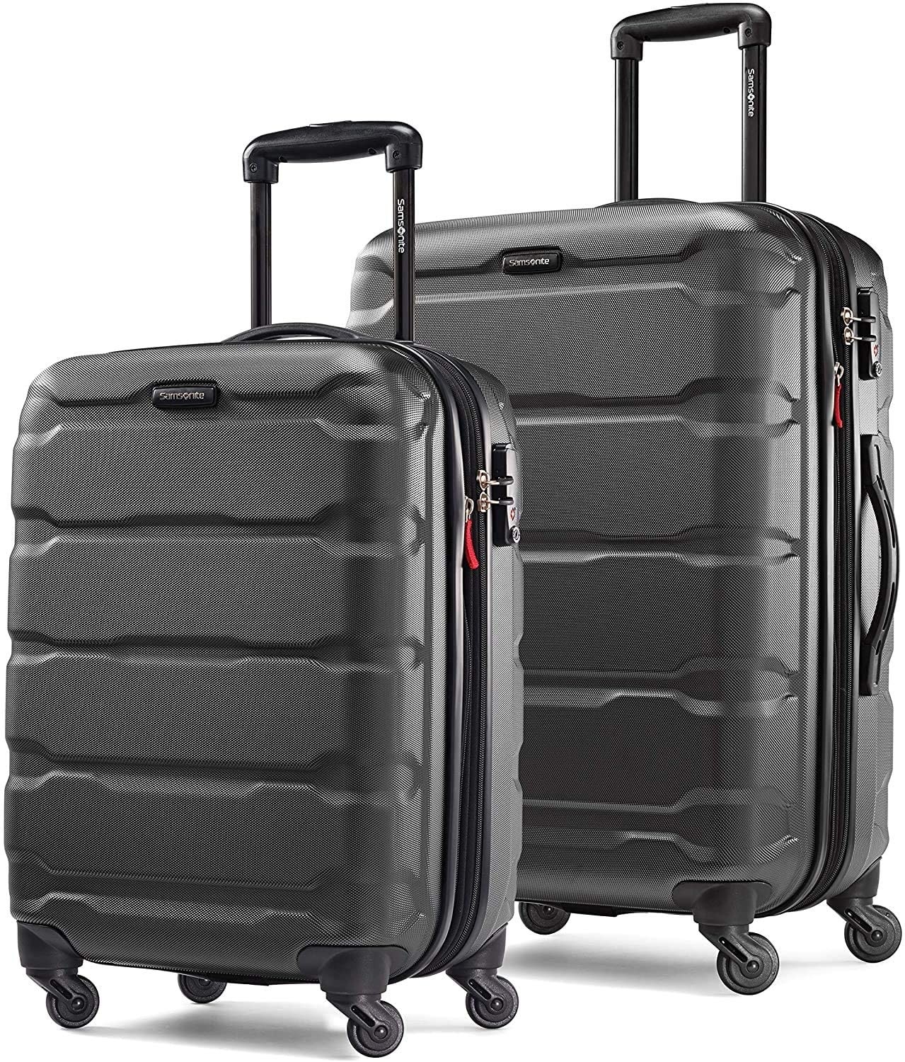 The two suitcases with spinner wheels, one carry-on size and one larger one