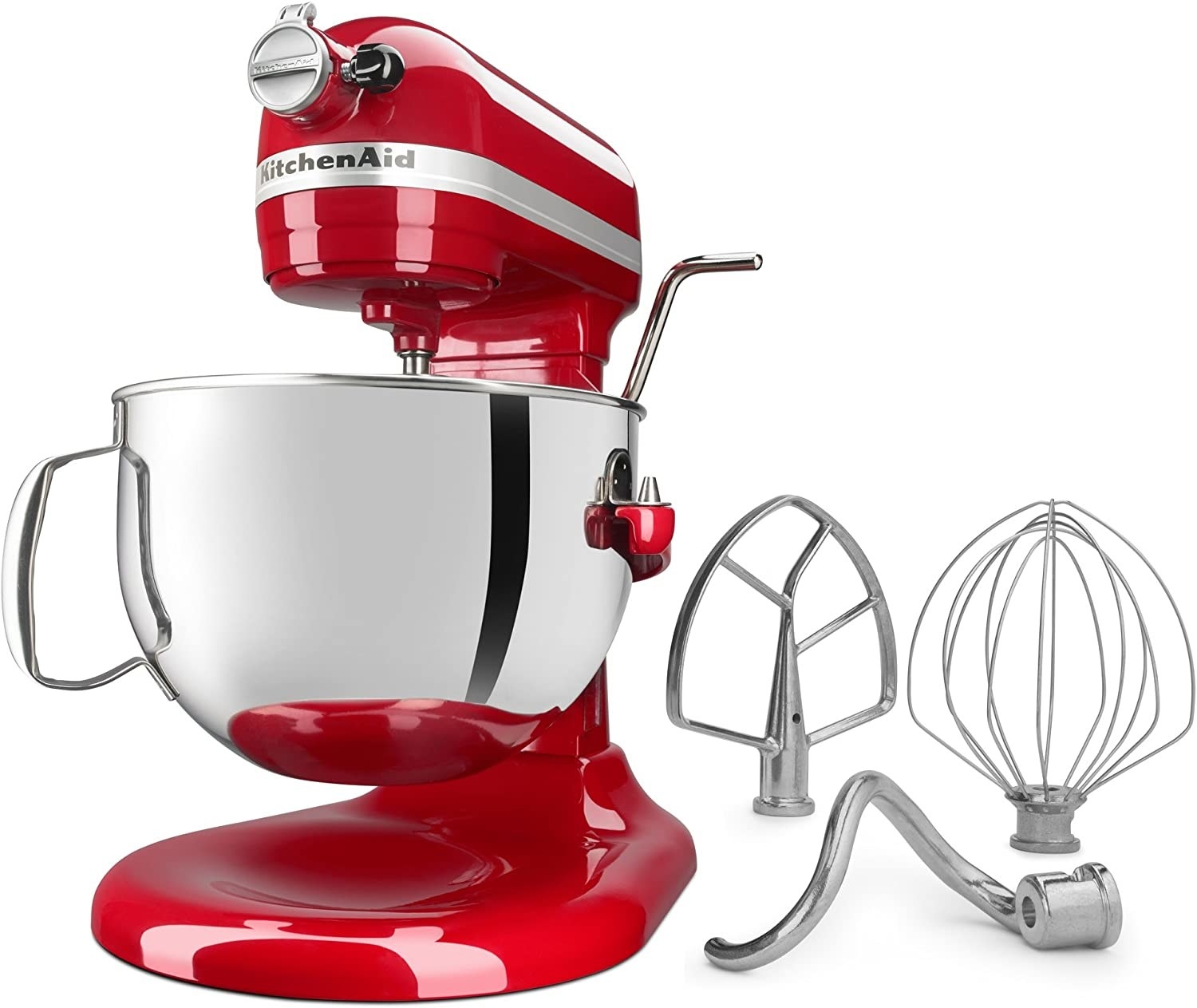 The stand mixer with its included attachments