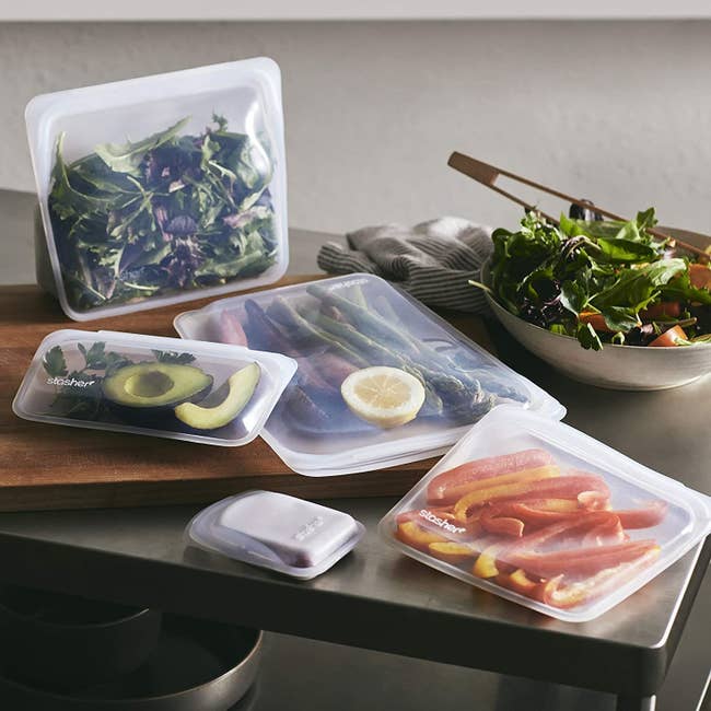 The silicone bags in various sizes holding food