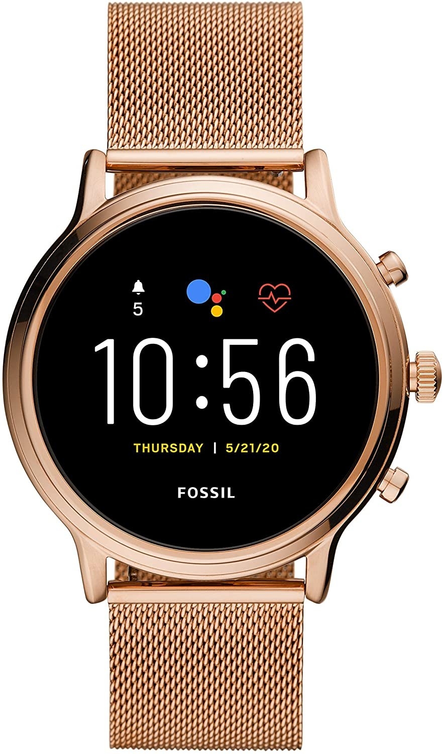 The round smartwatch in gold tone with a mesh link band