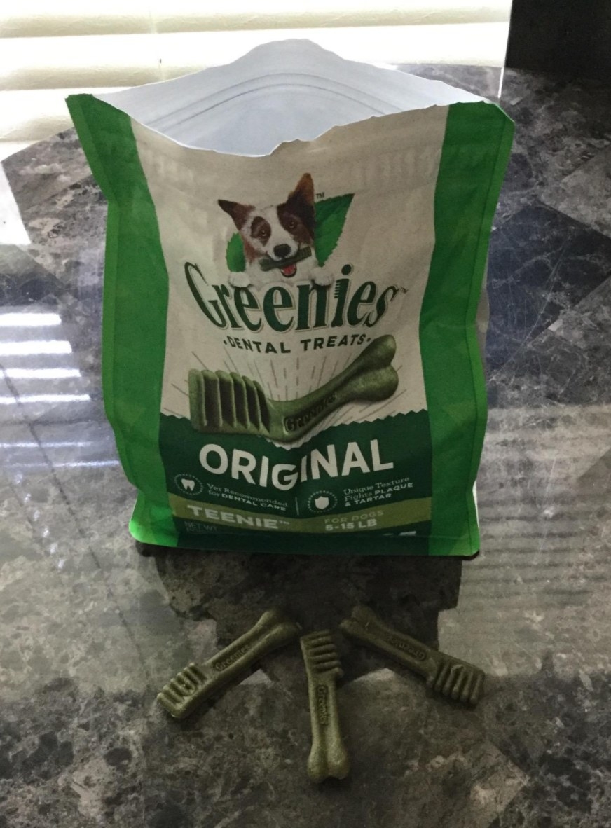 A reviewers photo of the bag of Greenies treats