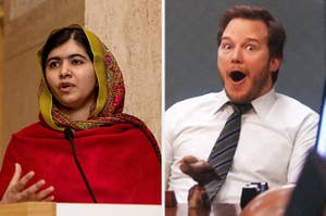 Malala Yousafzai and a reaction picture of Andy from Parks and Recreation looking shocked and happy