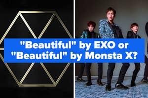 Exo's album cover for Exodus next to an image of monsta x performing their song beautiful