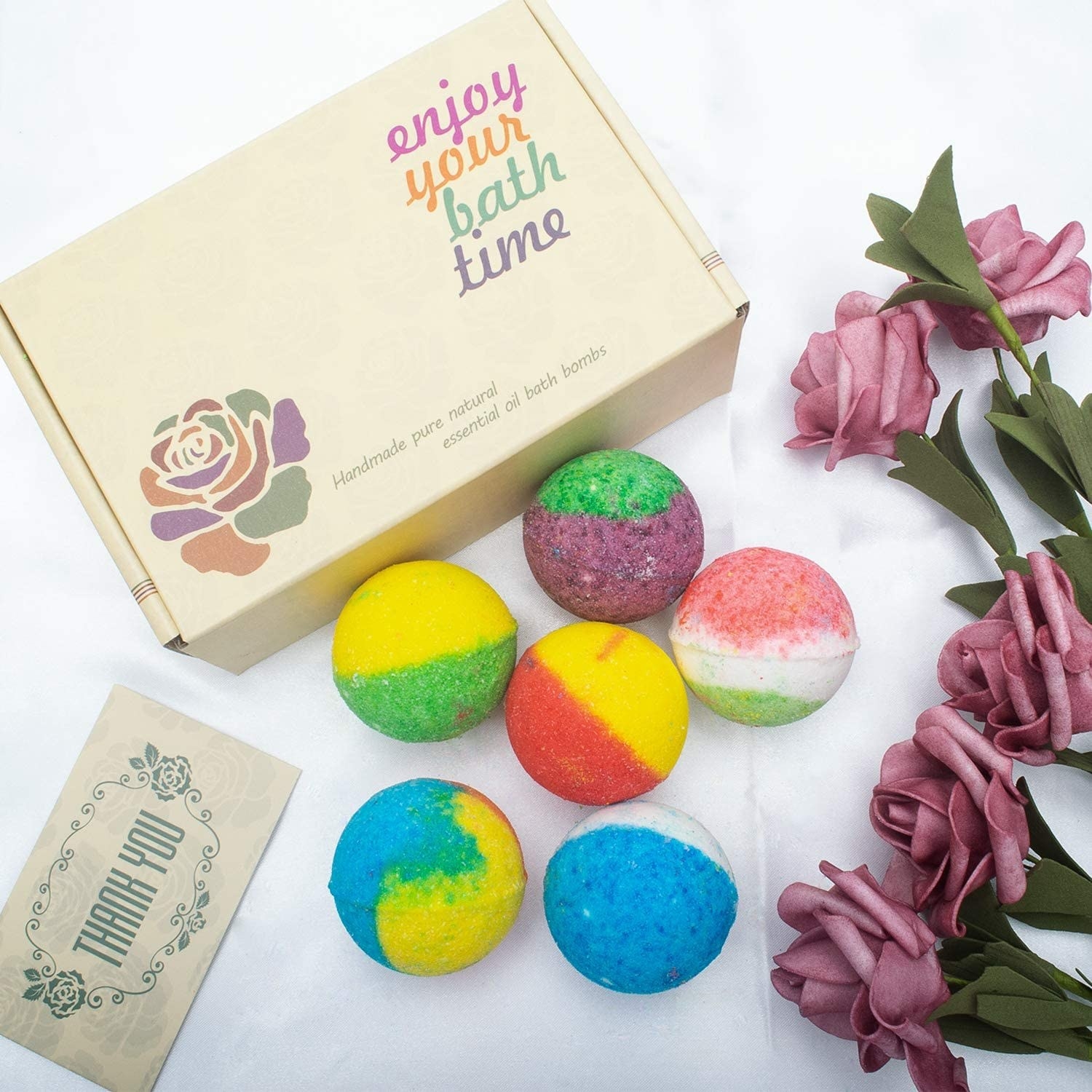 colorful bath bombs in box