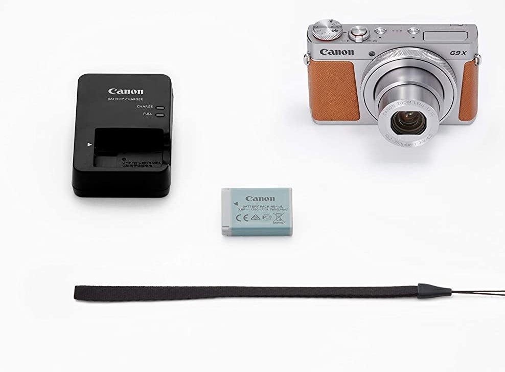 The camera and its accessories laid out on a table