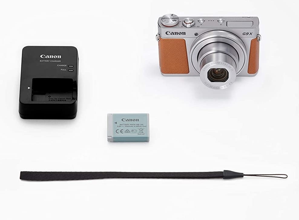 The camera and its accessories laid out on a table
