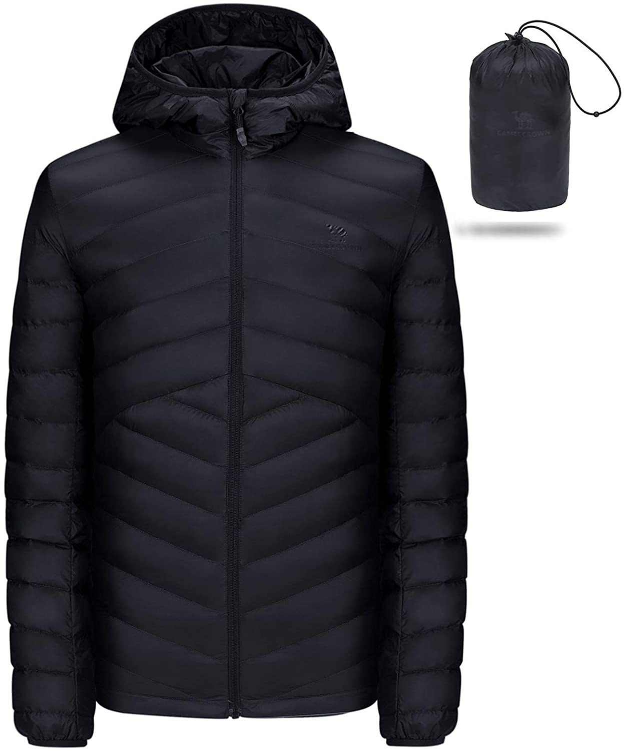 The black quilted jacket and the bag it packs down to